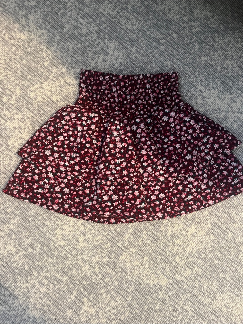 Zara Burgundy Floral Smocked Tiered Mini Skirt